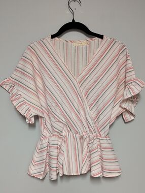 Harper Striped Blouse in White with Pink & Black Accents
